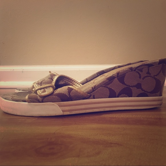 Coach Shoes - Coach tan and brown fabric and gold leather wedge